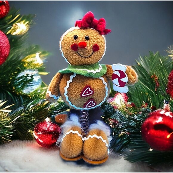 Gingerbread Girl w/ Peppermint Candy Christmas Tabletop Decor Spring Base Plush - Picture 1 of 8